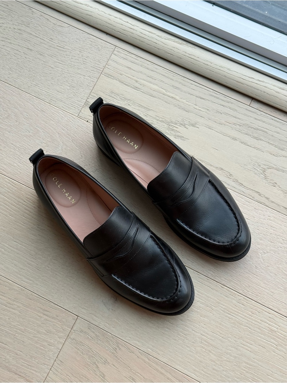 Cole Haan Black Leather Penny Loafers with Blush Insole